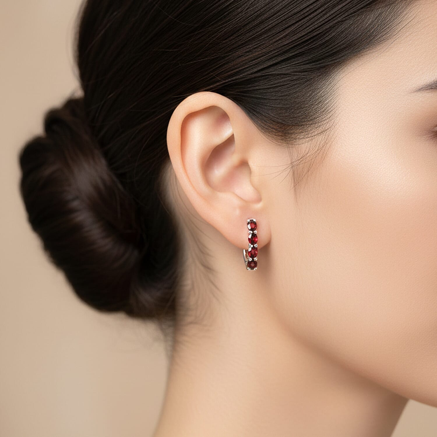 Mozambique Garnet Hoop Earrings With Clasp in Platinum Overlay Sterling Silver 1.80 Ct.